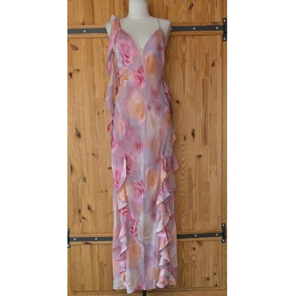 FOR LOVE AND LEMONS BEATE RUFFLE PINK MAXI DRESS IN BLURRED ROSE PRINT S - Picture 3 of 9